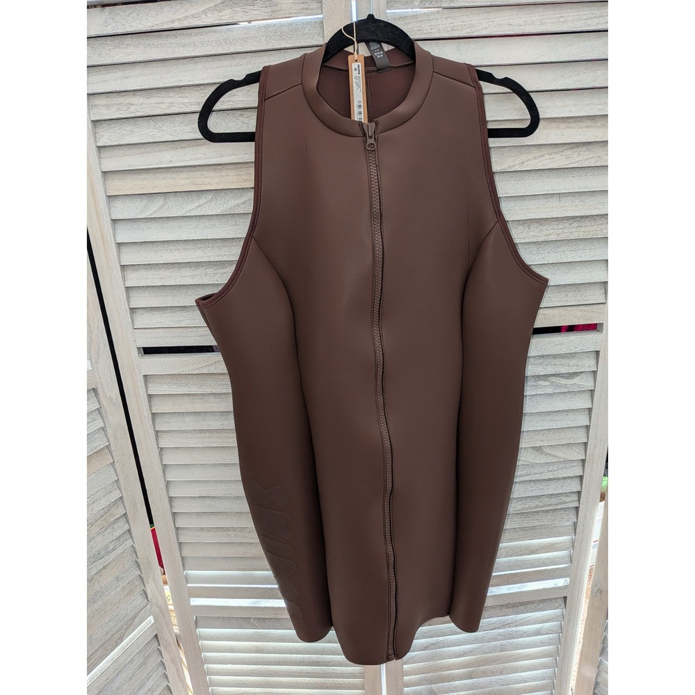 SKIMS Faux Leather Mock Neck Swim Dress Espresso Brown Full Zip Racerback NEW - Picture 3 of 7